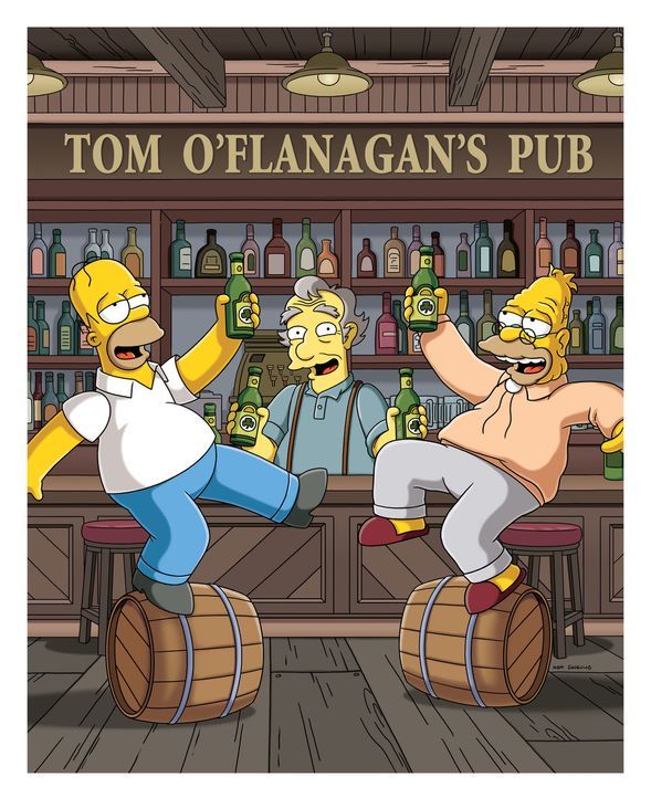 Homer (l.) erfüllt seinem Vater (r.) den sehnlichen Wunsch, noch ein Bier in O'Flanagan's Pub zu trinken. Also machen die Simpsons eine Reise nach... - Bildquelle: und TM Twentieth Century Fox Film Corporation - Alle Rechte vorbehalten