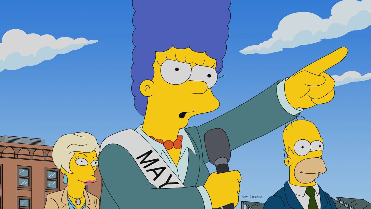 Kampagnemanagerin Lindsey Naegle (l.) und Homer (r.) unterstützen Marge (M.), als diese sich als Bürgermeisterin aufstellen lässt ... - Bildquelle: 2017-2018 Fox and its related entities.  All rights reserved.