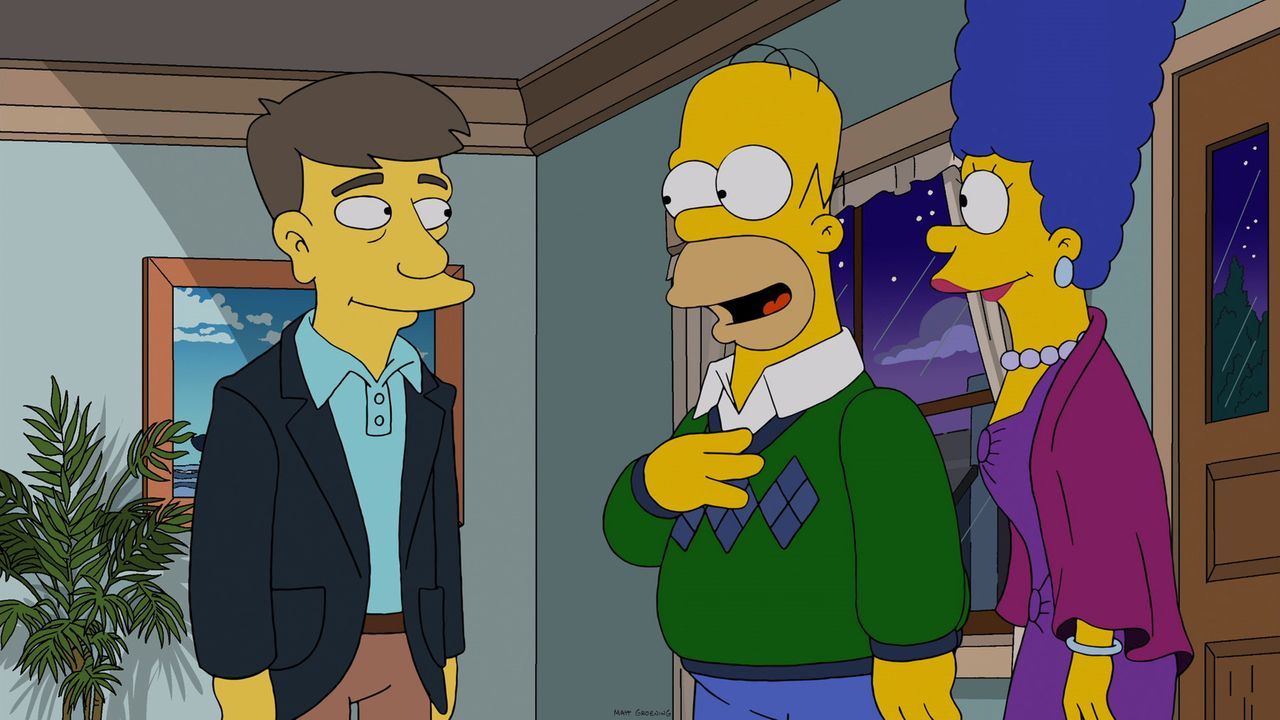 Homer (M.) und Marge (r.) haben sich in Schale geschmissen, um den neuen Nachbarn (l.) aus London und seine Frau kennenzulernen. Anfangs verspricht... - Bildquelle: 2013 Twentieth Century Fox Film Corporation. All rights reserved.