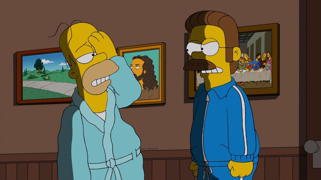 Homer (l.) lädt sich selbst zum Frühstück bei Ned Flanders (r.) ein und fängt an, sich mit seinen Eltern anzufreunden. Mehr noch, er stiftet sie zu... - Bildquelle: und TM Twentieth Century Fox Film Corporation - Alle Rechte vorbehalten