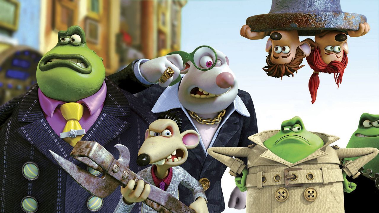 Ausgerechnet der verweichlichte Roddy (oben 2.v.r.) muss Rita (oben r.) im Kampf gegen Kröte (l.), Spike (2.v.l.), Whitey (3.v.l.) und den Profikill... - Bildquelle: DREAMWORKS ANIMATION LLC AND AARDMAN ANIMATIONS LTD. FLUSHED AWAY TM DREAMWORKS ANIMATION LLC. ALL RIGHTS RESERVED.
