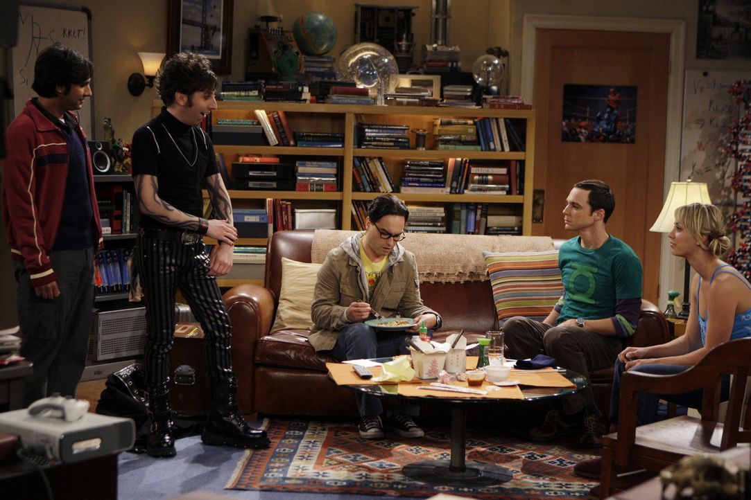 Leonard (Johnny Galecki, M.), Sheldon (Jim Parsons, 2.v.r.) und Penny (Kaley Cuoco, r.), sind schockiert, als Howard (Simon Helberg, 2.v.l.) und Raj... - Bildquelle: Warner Bros. Television