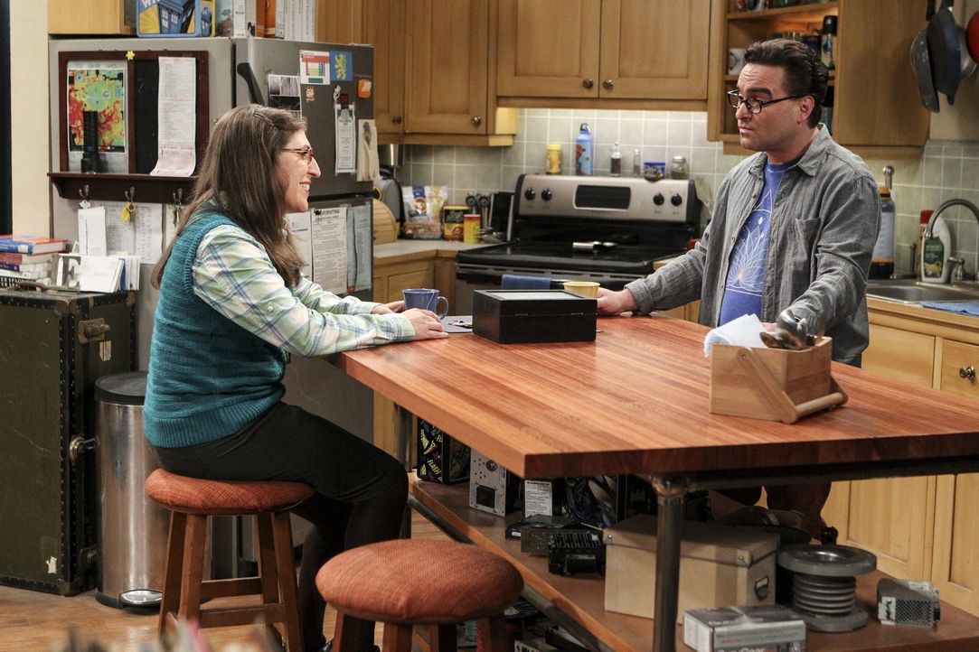 Als die Beziehung von Sheldon und Amy (Mayim Bialik, l.) auf der Kippe steht, versucht Leonard (Johnny Galecki, r.), sie zu bearbeiten. Schließlich... - Bildquelle: 2016 Warner Brothers