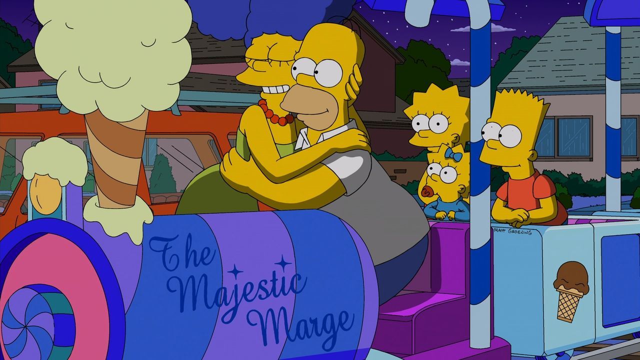 Erleben einen ganz besonderen Hochzeitstag: Marge (l.) und Homer (2.v.l.) mit ihren Kindern Lisa (M.), Maggie (2.v.r.) und Bart (r.) ... - Bildquelle: und TM Twentieth Century Fox Film Corporation - Alle Rechte vorbehalten