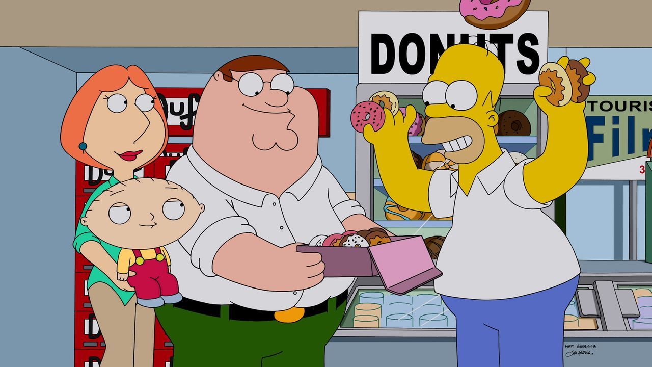 Wie könnte man die Ankunft in Springfield besser feiern, als mit Donuts? Homer (r.) zeigt Peter (2.v.r.), Stewie (2.v.l.) und Lois (l.), wie man die... - Bildquelle: 2015-2016 Fox and its related entities. All rights reserved.