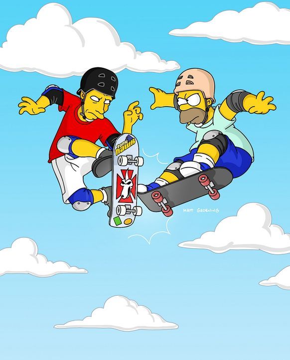 Um Bart nachhaltig zu beeindrucken, lässt sich Homer (r.) auf ein Skateboard-Rennen mit Tony Hawk (l.) ein ... - Bildquelle: TWENTIETH CENTURY FOX FILM CORPORATION