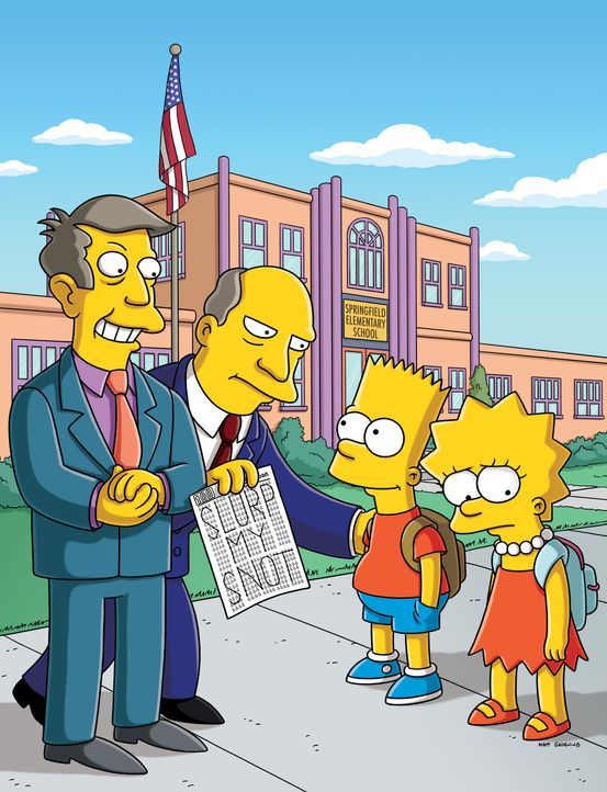 An der Grundschule von Springfield wird der Schultest der Regierung durchgeführt. Lisa ist geschockt als Skinner (l.) und Chalmers (2.v.l.) ihr (r.... - Bildquelle: und TM Twentieth Century Fox Film Corporation - Alle Rechte vorbehalten