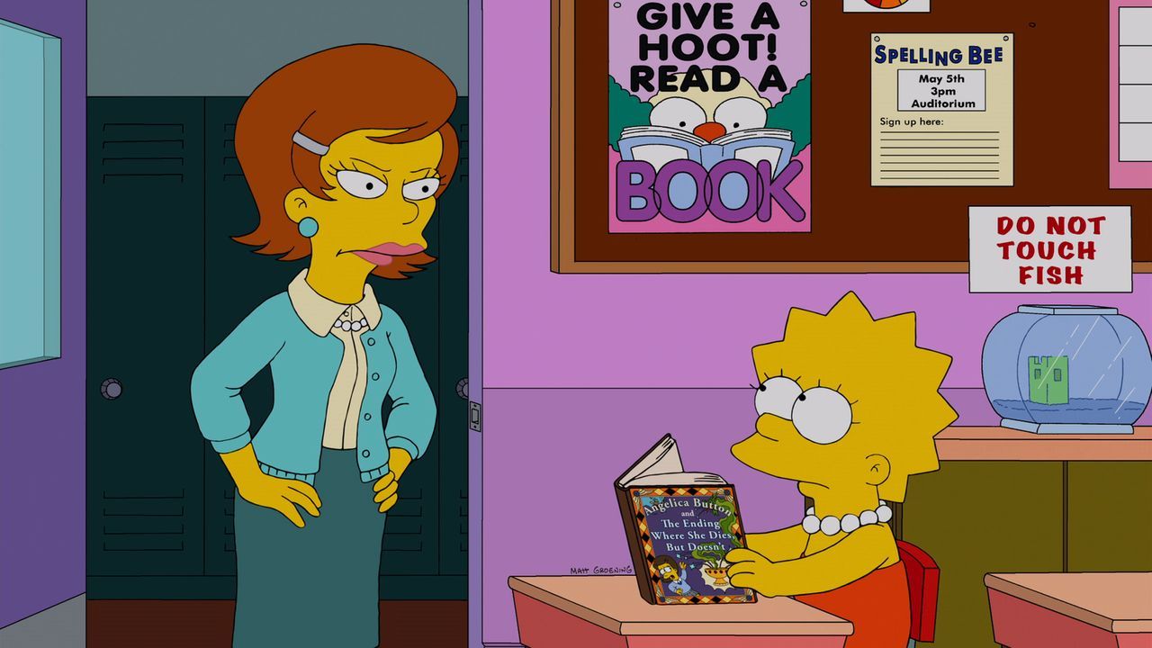 Während Homer und Ned in Streit geraten, wird Lisa (r.) von einer neuen Vertretungslehrerin (l.) ohne ersichtlichen Grund gequält ... - Bildquelle: und TM Twentieth Century Fox Film Corporation - Alle Rechte vorbehalten
