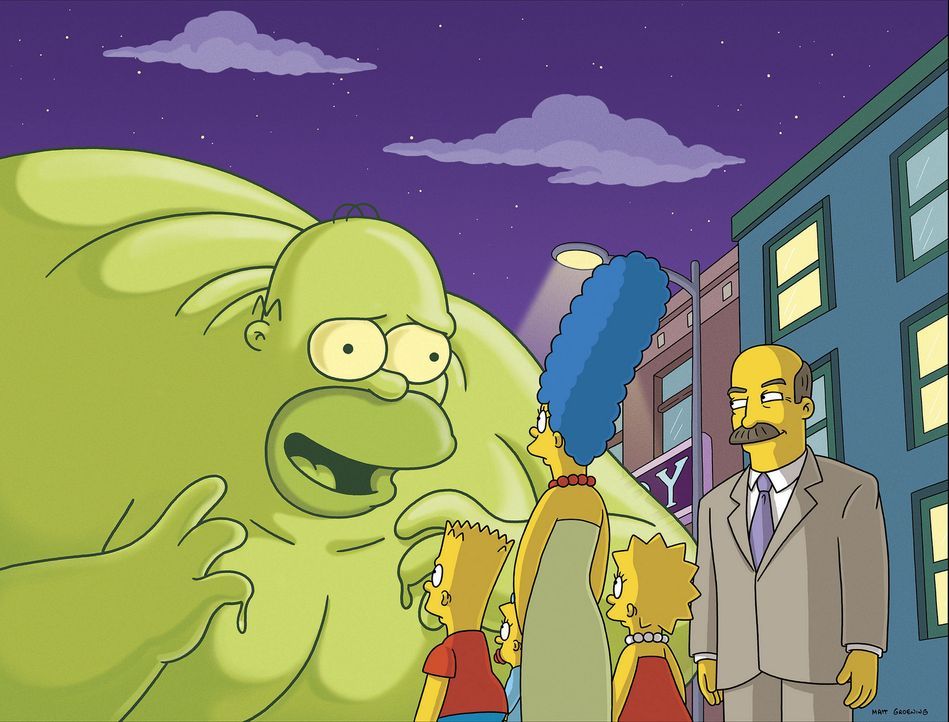 Ein Meteorit ist in den Garten der Simpsons. Aus ihm entweicht eine grüne Masse, die Homer für einen Weltraum-Marshmallow hält und sie deshalb is... - Bildquelle: 2007FOX BROADCASTING
