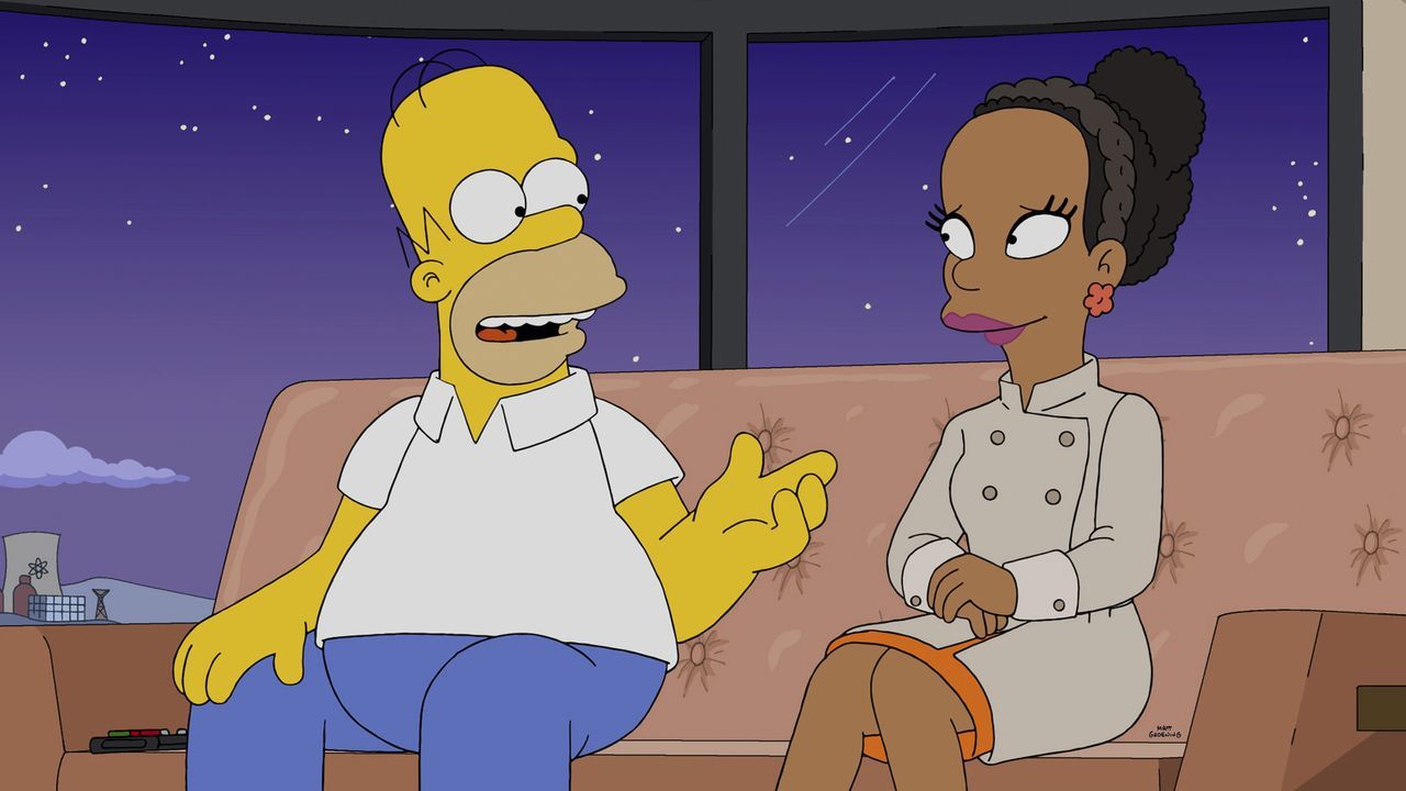 Ausgerechnet Homer (l.) soll auf die nigerische Prinzessin Kemi (r.) aufpassen, während ihr Vater mit Mr. Burns verhandelt ... - Bildquelle: 2014 Twentieth Century Fox Film Corporation. All rights reserved.