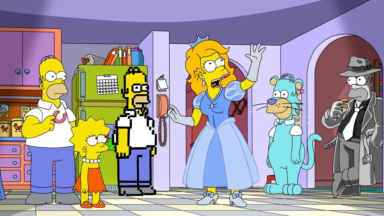 (v.l.n.r.) Homer; Lisa; Pixel-Homer; Disneyprinzessin-Homer; Homer Barbera; Noir-Homer - Bildquelle: 2020 by Twentieth Century Fox Film Corporation.