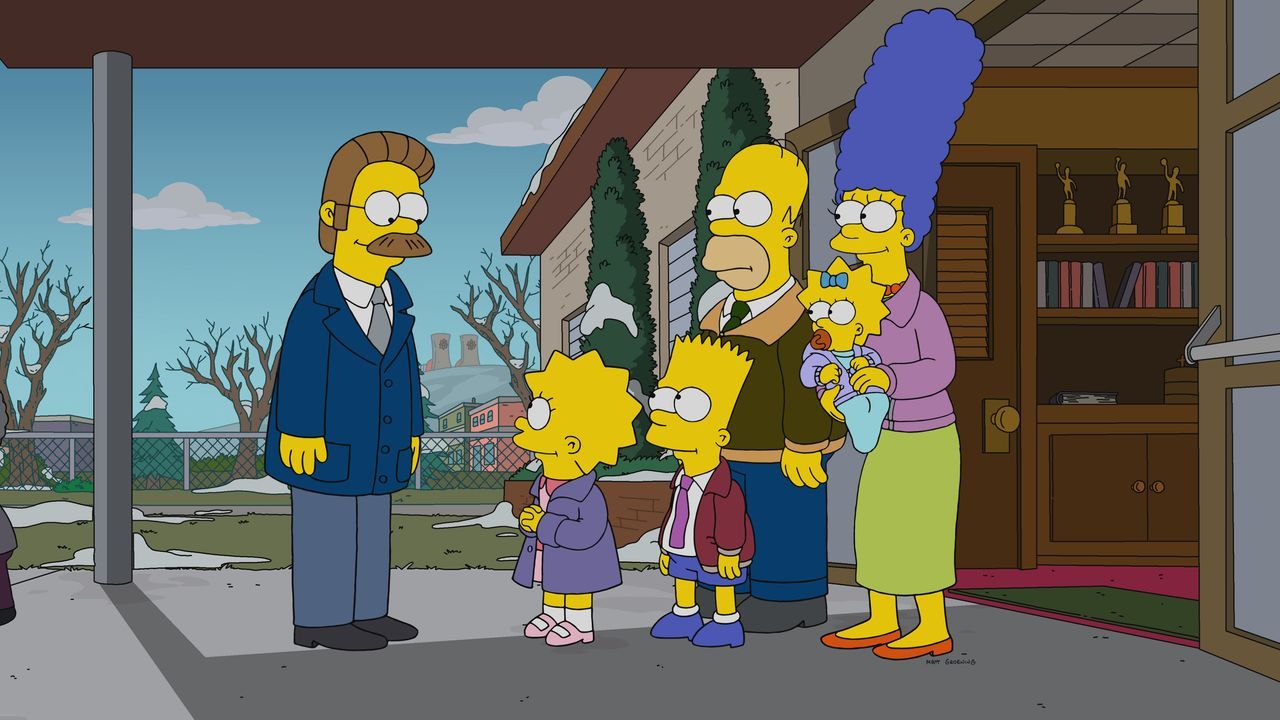 (v.l.n.r.) Ned Flanders; Lisa; Bart; Homer; Maggie; Marge - Bildquelle: 2021 by 20th Television