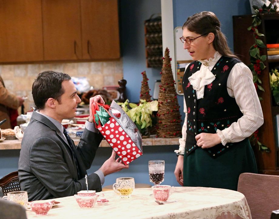 Amy (Mayim Bialik, r.) bietet an, das diesjährige Weihnachtsessen auszurichten, da sich Raj um seinen Vater kümmern muss. Sheldon (Jim Parsons, l.),... - Bildquelle: Warner Bros. Television