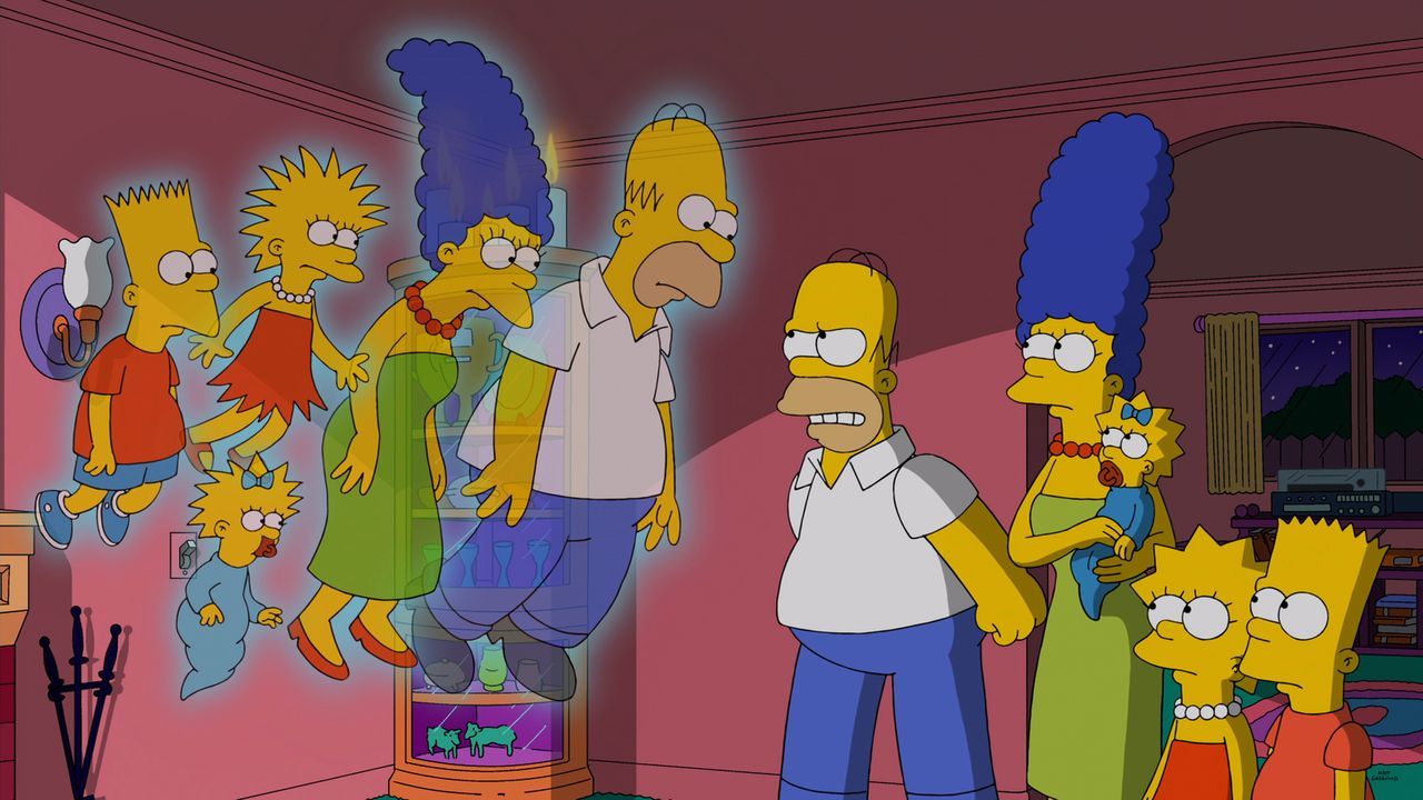 Wer ist hier die Geisterfamilie? Homer (M.), Marge (4.v.r.), Maggie (3.v.r.), Lisa (2.v.r.) und Bart (r.) streiten mit verschiedenen Versionen von s... - Bildquelle: 2014 Twentieth Century Fox Film Corporation. All rights reserved.