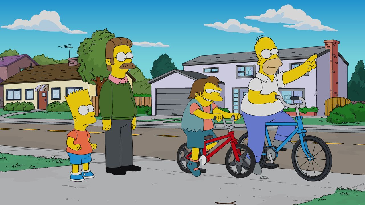(v.l.n.r.) Bart; Ned; Nelson; Homer - Bildquelle: 2019-2020 Twentieth Century Fox Film Corporation.  All rights reserved.