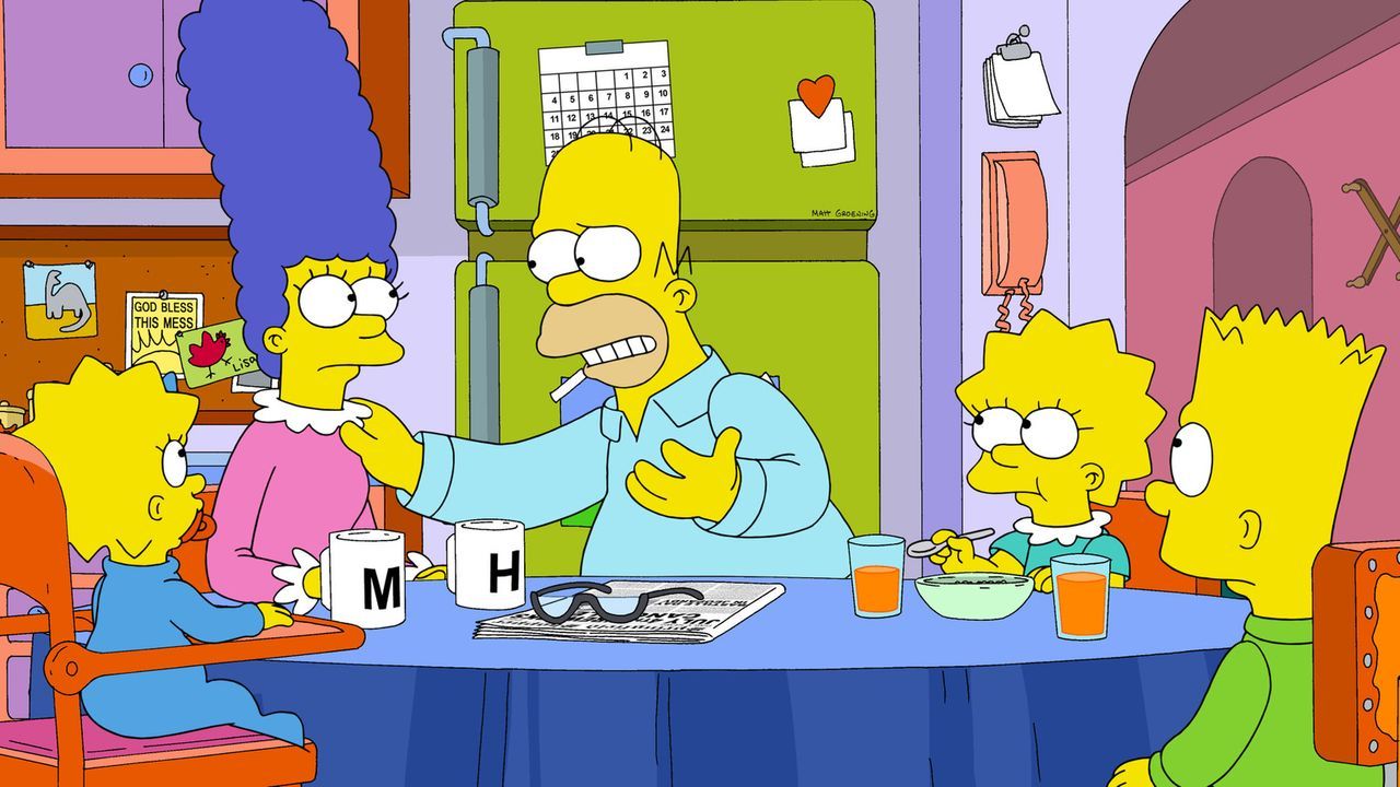 Diskutieren die jüngsten Ereignisse in Springfield am Frühstückstisch: Marge (2.v.l.), Homer (M.), Lisa (2.v.r.) und Bart (r.). Nur Baby Maggie (l.)... - Bildquelle: 2014 Twentieth Century Fox Film Corporation. All rights reserved.