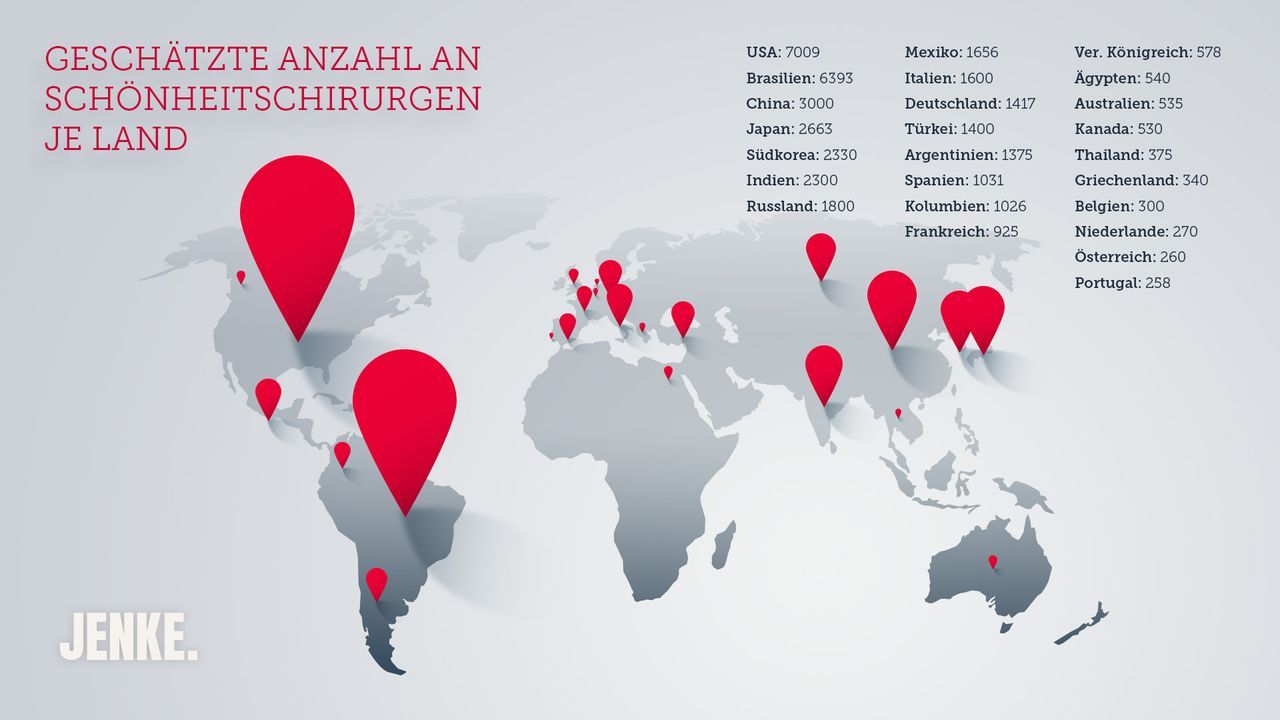 Geschätzte Anzahl Schönheitschirurgen je Land - Bildquelle: ProSieben