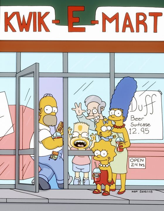 (12. Staffel) -  (v.l.n.r.) Homer, Bart, Lisa, Maggie und Marge Simpson sind die beliebtesten Kunden vom Kwik-E-Mart-Besitzer Apu (hinten). - Bildquelle: und TM Twentieth Century Fox Film Corporation - Alle Rechte vorbehalten
