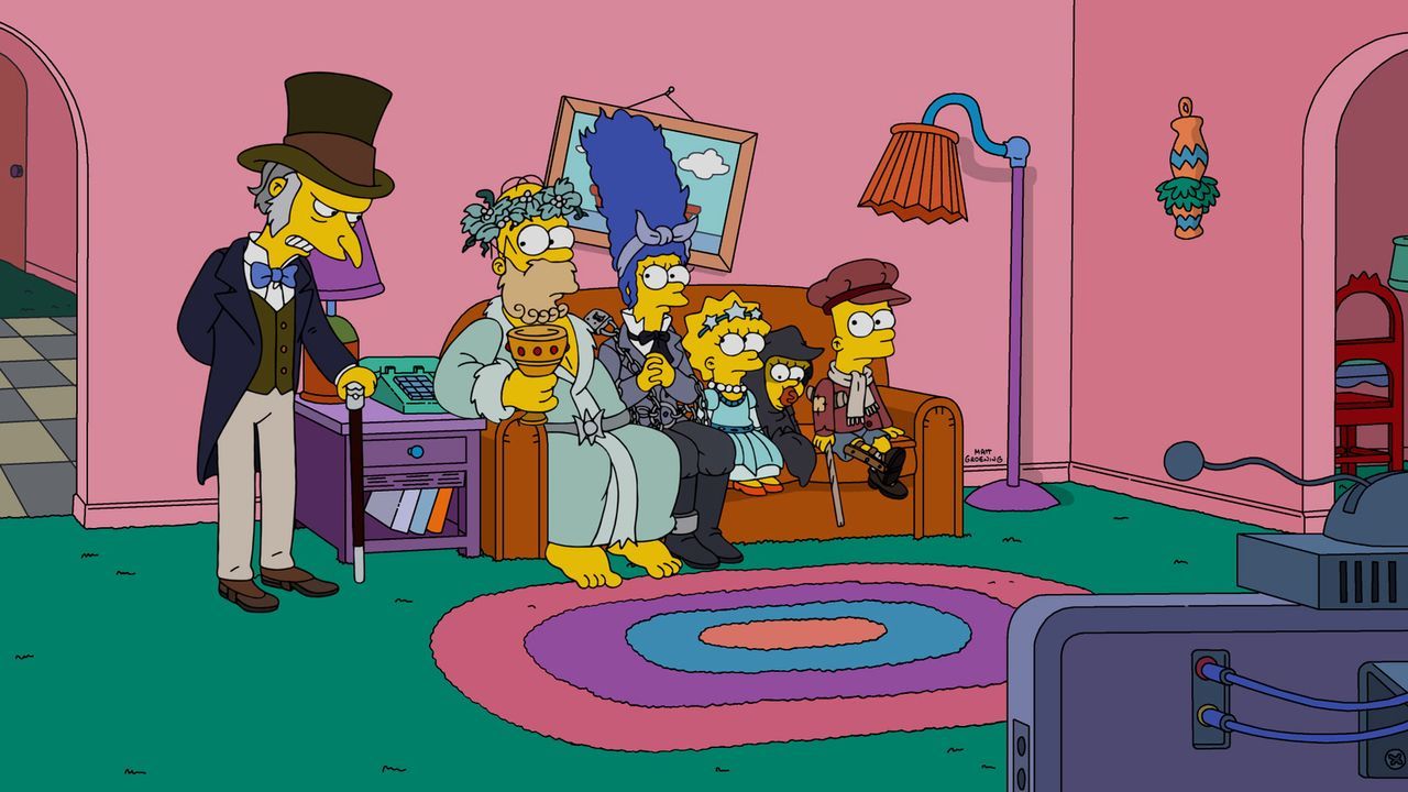 In der Weihnachtszeit geht es bei den Simpsons Homer (2.v.l.), Marge (3.v.l.), Lisa (3.v.r.), Maggie (2.v.r.) und Bart (r.) hoch her. Mit von der Pa... - Bildquelle: 2016-2017 Fox and its related entities. All rights reserved.