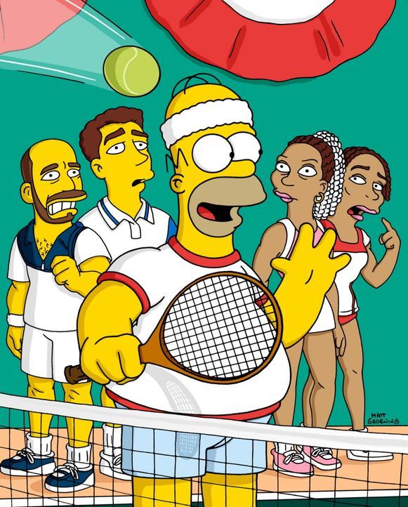 Auf dem Tennisplatz geht Homer (M.) den Tennisprofis Pete Sampras (2.v.l.), Andre Agassi (l.) und den Williams-Schwestern gewaltig auf die Nerven. - Bildquelle: TM +   2000 Twentieth Century Fox Film Corporation. All Rights Reserved
