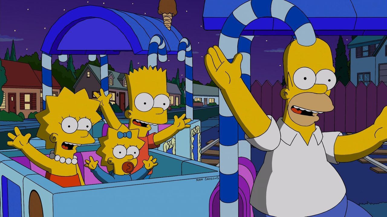 Glück auf Schienen: Homer (r.) mit seinen Kindern Lisa (l.), Maggie (2.v.l.) und Bart (2.v.r.) ... - Bildquelle: und TM Twentieth Century Fox Film Corporation - Alle Rechte vorbehalten