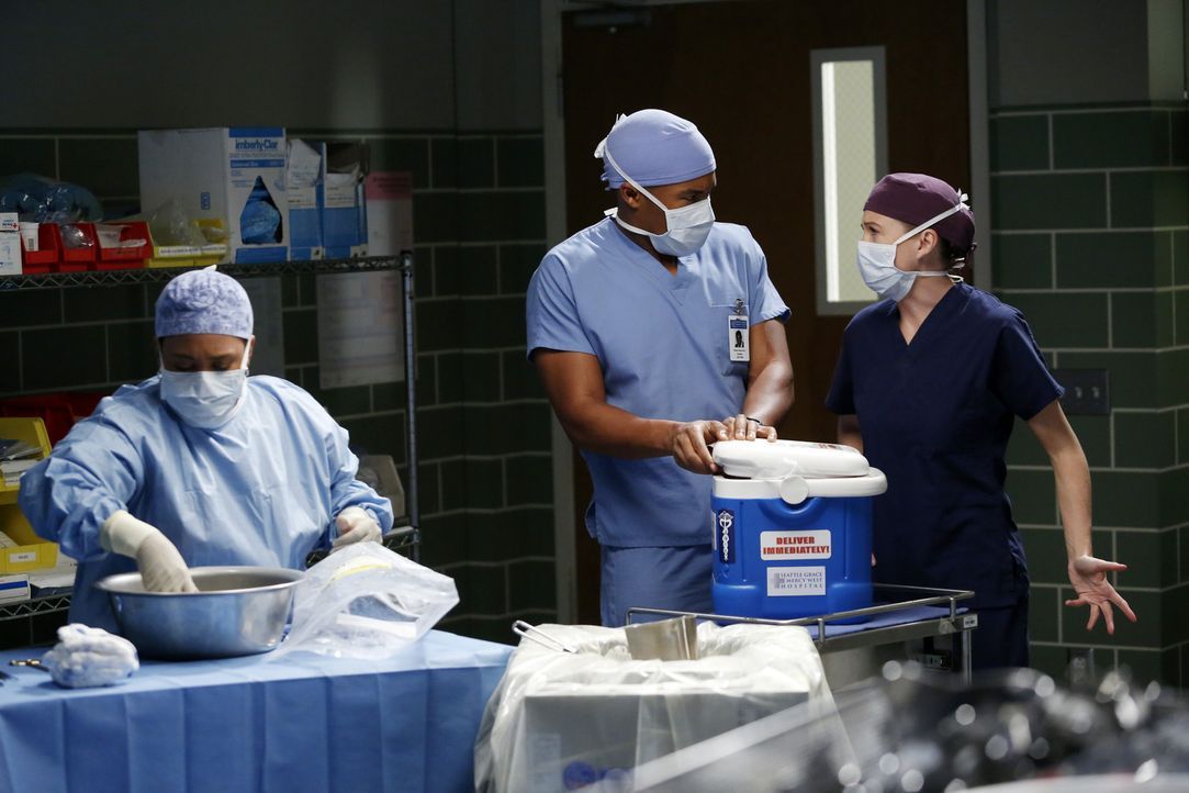 Während einer Operation mit Bailey (Chandra Wilson, l.) und Shane (Gaius Charles, M.) wird Meredith (Ellen Pompeo, r.) von Schwangerschaftshormonen... - Bildquelle: ABC Studios