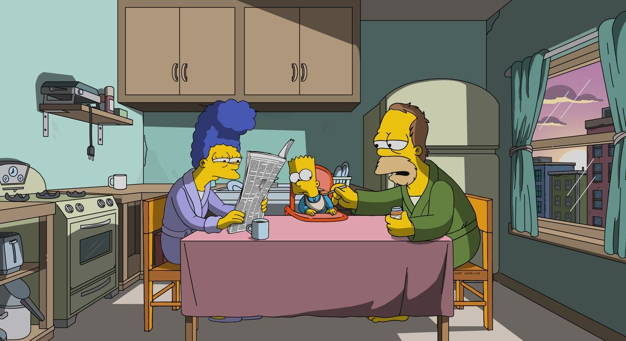 Marge (l.) und Homer (r.) erinnern sich mit Wehmut an ihre Zeit ohne Kinder und die riesigen Veränderungen, die Barts (M.) Geburt mit sich gebracht... - Bildquelle: 2017-2018 Fox and its related entities.  All rights reserved.
