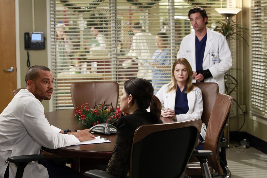 Während Lizzie (Neve Campbell, 2.v.l.) Meredith (Ellen Pompeo, 2.v.r.) gehörig die Meinung sagt, versucht Jackson (Jesse Williams, l.) Derek (Patr... - Bildquelle: ABC Studios