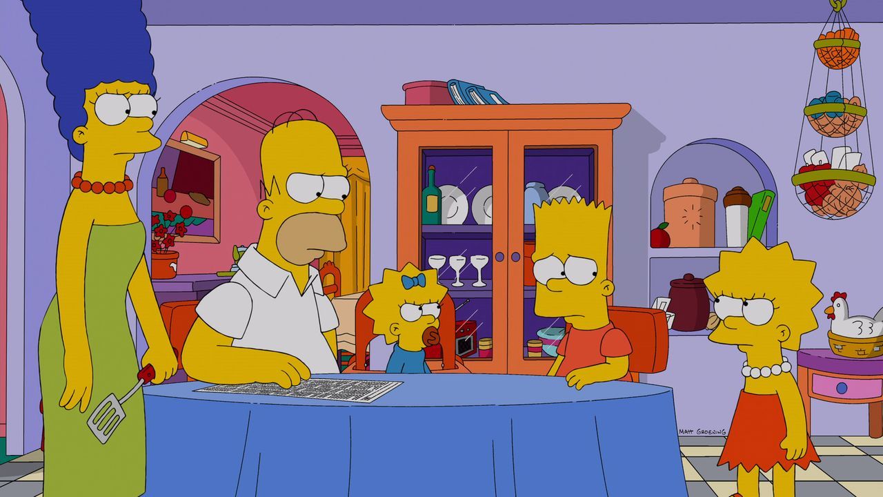 Halten zusammen, als Bart zu Unrecht beschuldigt wird, zu Ostern einen Streich in der Schule gespielt zu haben: Marge (l.), Homer (2.v.l.), Maggie (... - Bildquelle: und TM Twentieth Century Fox Film Corporation - Alle Rechte vorbehalten