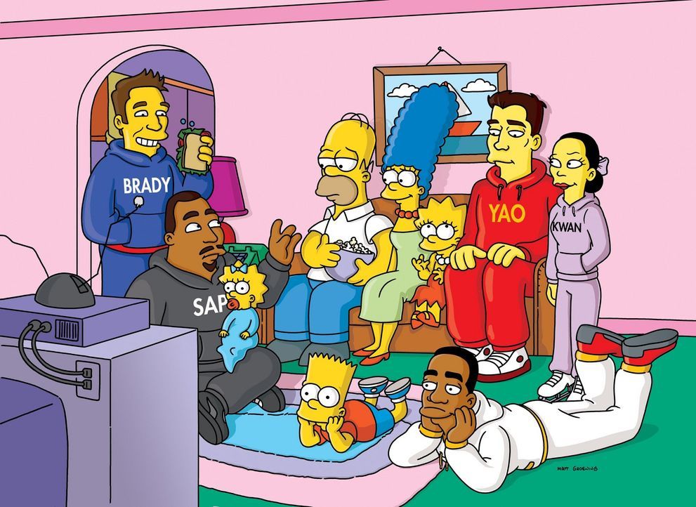 Homer (4.v.l.) soll beim Superbowl-Endspiel die Halbzeit-Show produzieren, doch wird ihm das gelingen? - Bildquelle: und TM Twentieth Century Fox Film Corporation - Alle Rechte vorbehalten