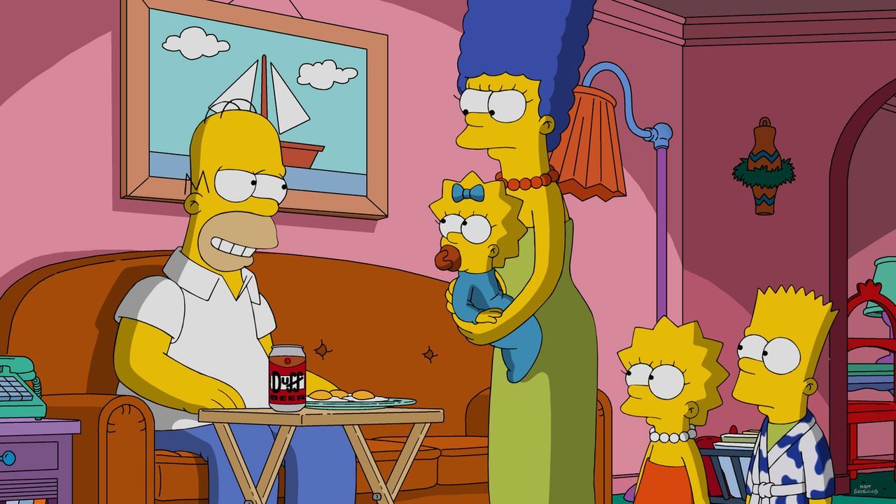 Als Mr. Burns möchte, dass Marge (M.) und die Kinder Maggie (2.v.l.), Lisa (2.v.r.) und Bart (r.) seine Familie spielen, fühlt sich Homer (l.) überf... - Bildquelle: 2016-2017 Fox and its related entities. All rights reserved.