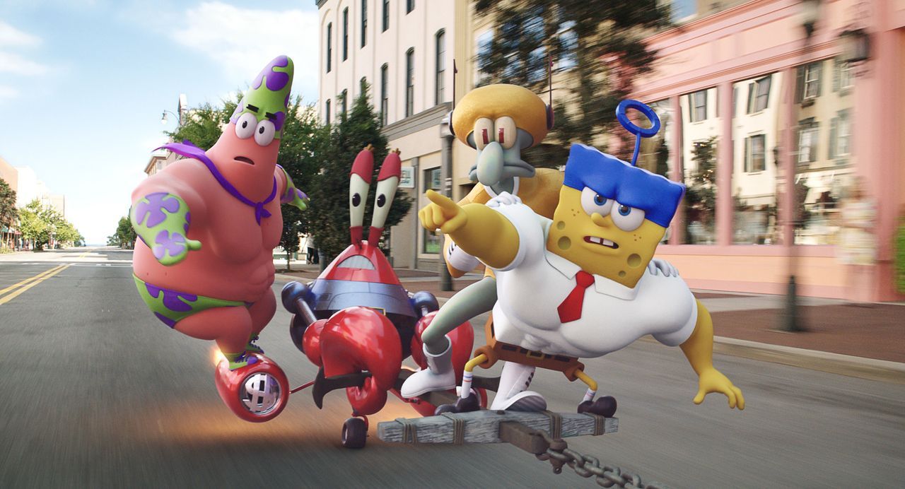 Gelingt es dem schwammigen Team, (v.l.n.r) Patrick, Mr. Krabs, Thaddäus und Spongebob, das geklaute Geheimrezept für die Krabbenburger endlich zurüc... - Bildquelle: (2016) Paramount Pictures and Viacom International Inc. All Rights Reserved. SPONGEBOB SQUAREPANTS is the trademark of Viacom International Inc.
