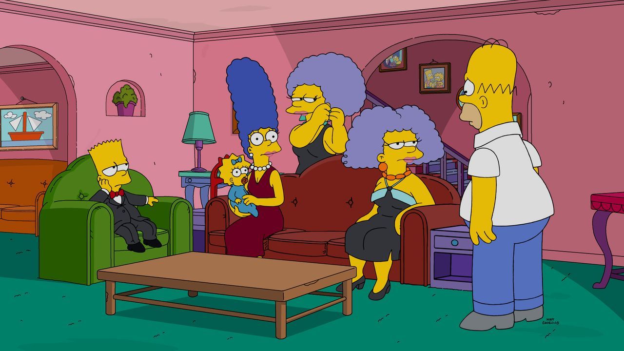 Als die Schwestern seiner Frau Marge (3.v.l.) Patty (3.v.r.) und Selma (2.v.r.) zu Besuch kommen, ist Homer (r.), im Gegensatz zu Bart (l.) und Magg... - Bildquelle: 2016-2017 Fox and its related entities. All rights reserved.
