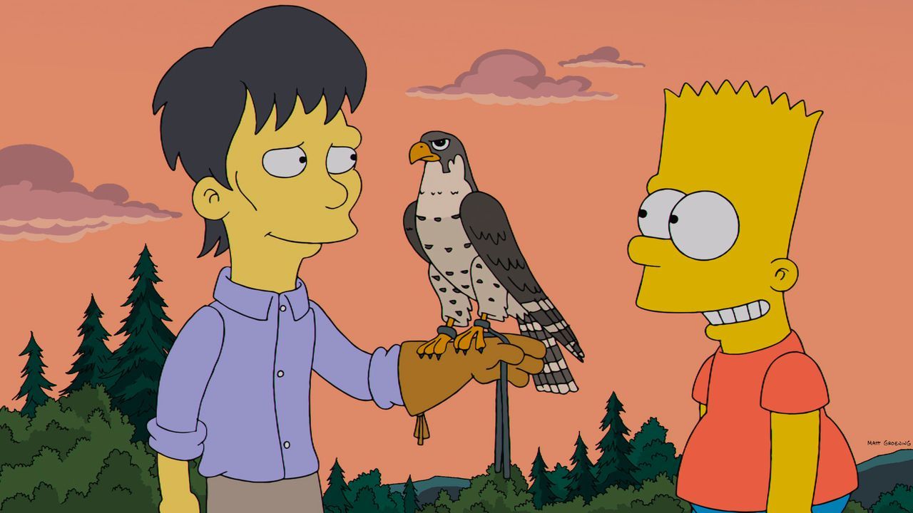 Bart Simpson (r.) freundet sich nicht nur mit seinem neuen Mitschüler Diggs (l.), sondern auch mit dessen Falken an und ist begeistert von der Falkn... - Bildquelle: 2013 Twentieth Century Fox Film Corporation. All rights reserved.