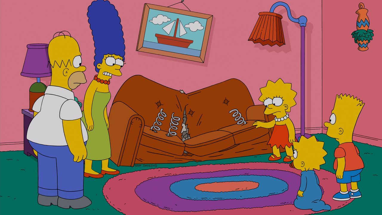 Die Couch der Simpsons ist kaputt. Homer (l.), Marge (2.v.l.), Lisa (M.), Maggie (2.v.r.) und Bart (r.) bestellen eine neue in Brooklyn, mit dem Erf... - Bildquelle: und TM Twentieth Century Fox Film Corporation - Alle Rechte vorbehalten