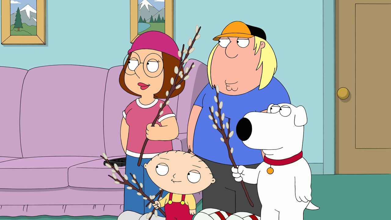 Hat die Aufsicht durch Lois' Vater doch etwas Gutes? Meg (l.), Stewie (2.v.l.), Chris (2.v.r.) und Brian (r.) haben sich von der Abhängigkeit von Te... - Bildquelle: 2015-2016 Fox and its related entities. All rights reserved.