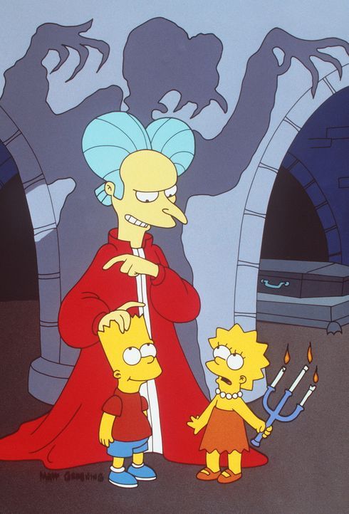 In Barts (l.) Träumen taucht der böse Vampir Mr. Burns (M.) in der Gemäldegalerie der Simpsons auf und verfolgt ihn und seine Schwester Lisa (r.). - Bildquelle: und TM Twenthieth Century Fox Film Corporation - Alle Rechte vorbehalten