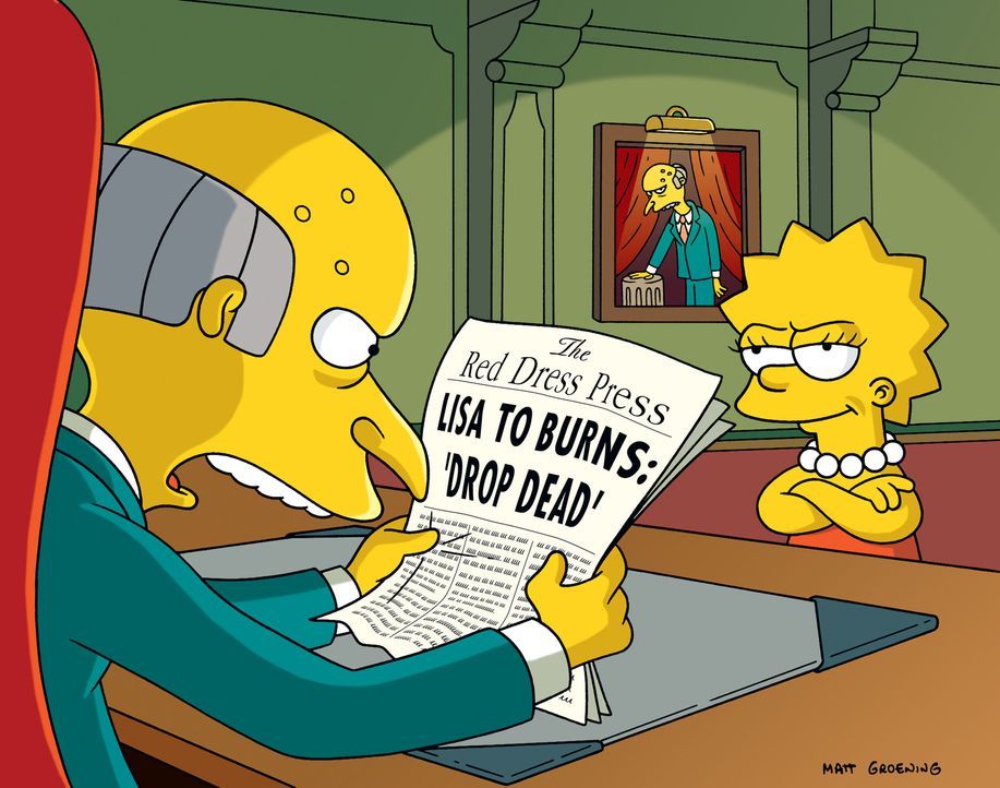 Mr. Burns (l.) versucht, sämtliche Medien der Stadt in seine Hand zu bringen, was ihm auch gelingt. Und so beschließt Lisa (r.), ihre eigene Zeitung... - Bildquelle: und TM Twentieth Century Fox Film Corporation - Alle Rechte vorbehalten