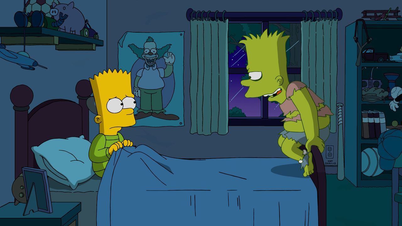 Nachdem Bart (l.) Lisas Lieblings Hut weggeworfen hat, muss er damit leben, dass die Schuld (r.) ihn nachts verfolgt und ihm den Schlaf raubt ... - Bildquelle: 2016-2017 Fox and its related entities. All rights reserved.