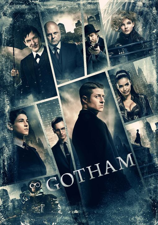(2. Staffel) - Gotham: Bruce Wayne (David Mazouz, l.), Edward Nygma (Cory Michael Smith, oben l.), Gordon (Ben McKenzie, unten 2.v.r.), Penguin (Rob... - Bildquelle: Warner Brothers