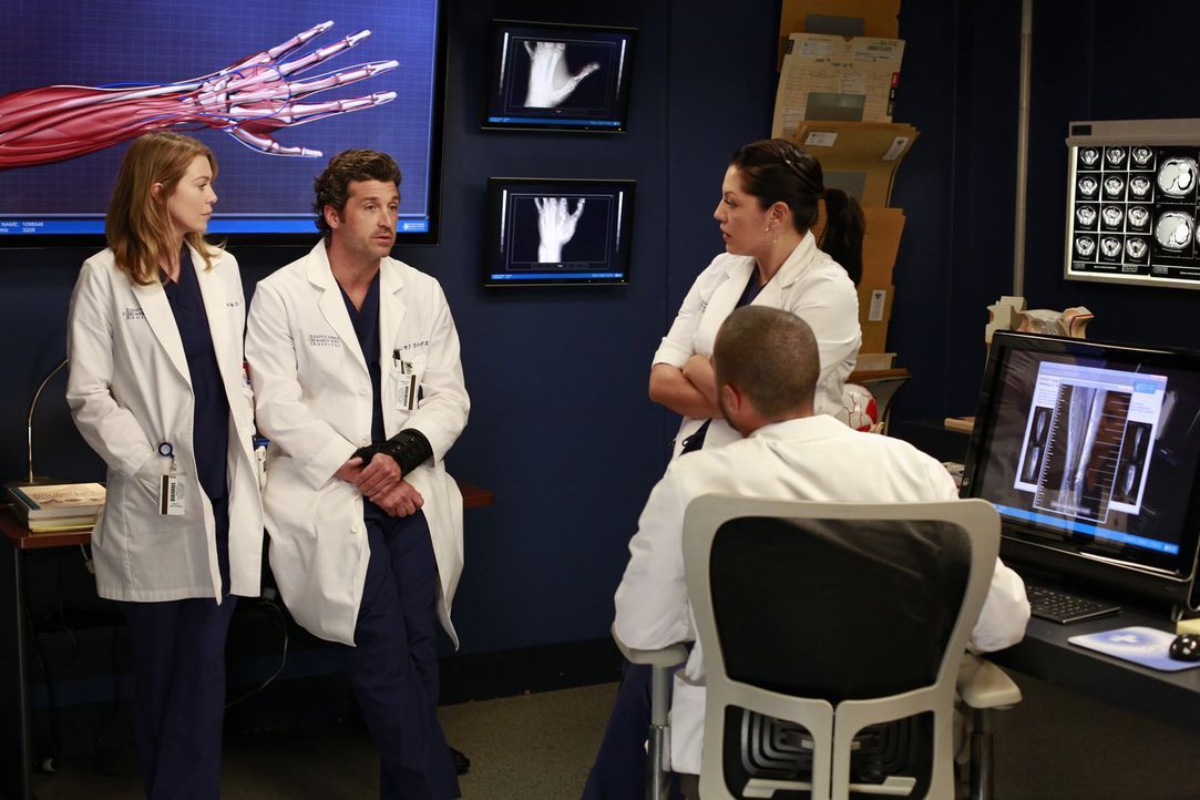 Während Callie (Sara Ramirez, r.) und Jackson (Jesse Williams, vorne) versuchen Derek (Patrick Dempsey, 2.v.l.) zu einer riskanten Operation zu üb... - Bildquelle: ABC Studios