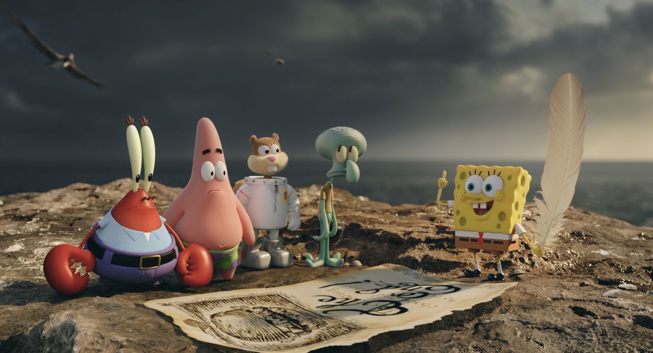 Plötzlich auf der Pelikan-Insel gestrandet: (v.l.n.r.) Mr. Krabs, Patrick, Sandy Cheeks, Thaddäus und Spongebob im Kampf gegen den fiesen Piraten Bu... - Bildquelle: (2016) Paramount Pictures and Viacom International Inc. All Rights Reserved. SPONGEBOB SQUAREPANTS is the trademark of Viacom International Inc.