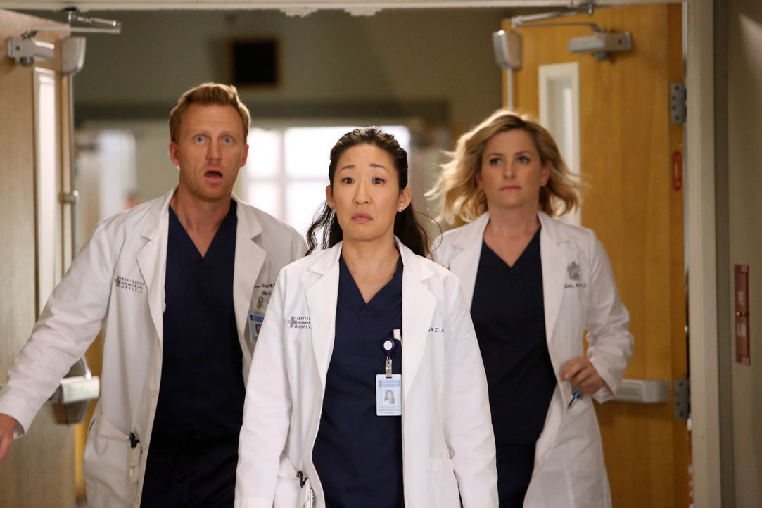 Während sich Owen (Kevin McKidd, l.) und Arizona (Jessica Capshaw, r.) für Cristina (Sandra Oh, M.) freuen, dass sie für den Harper Avery Award nomi... - Bildquelle: ABC Studios
