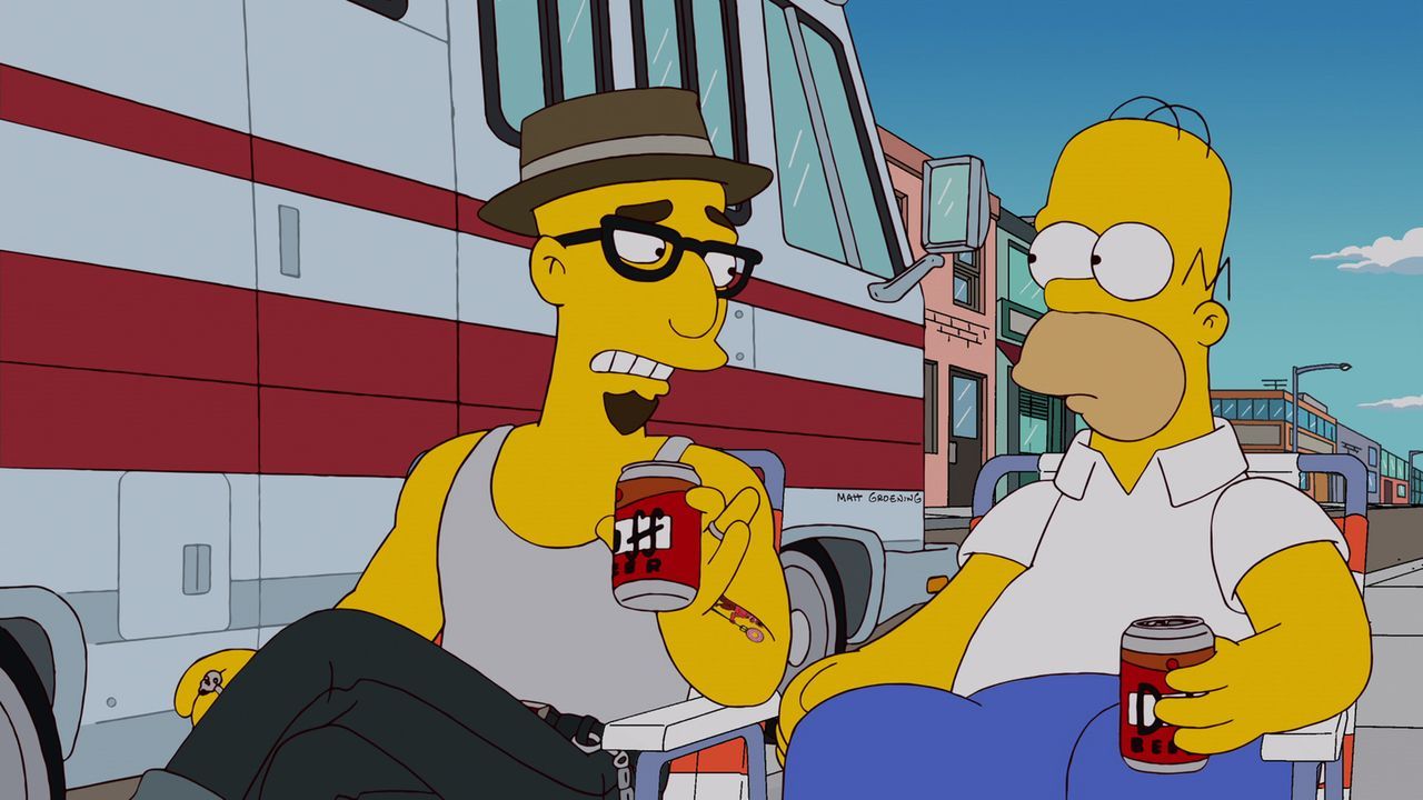 Als Homer (r.) den fahrenden Donut-Händler Terence (l.) kennenlernt, verändert das sein Leben ... - Bildquelle: und TM Twentieth Century Fox Film Corporation - Alle Rechte vorbehalten