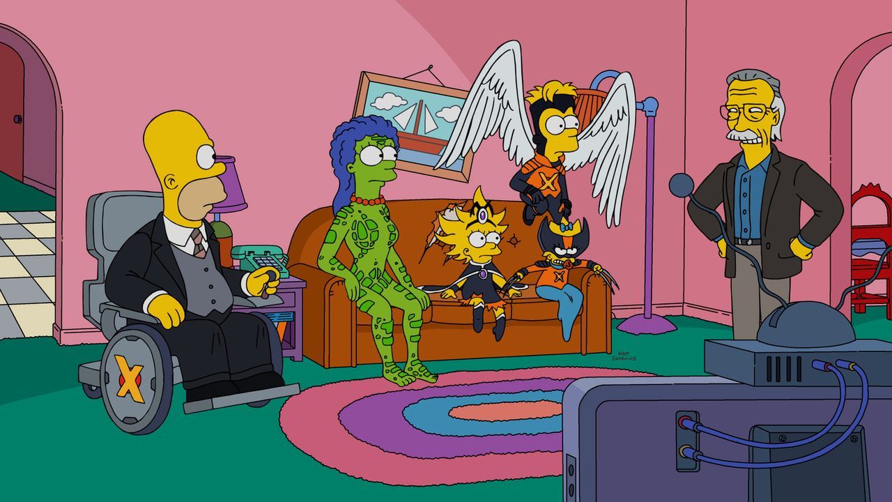 Sind wie die X-Men immer wieder für eine Überraschung gut: Die Simpsons (v.l.n.r.: Homer, Marge, Lisa, Bart und Maggie) und Comic-Autor Stan Lee ... - Bildquelle: 2016-2017 Fox and its related entities. All rights reserved.
