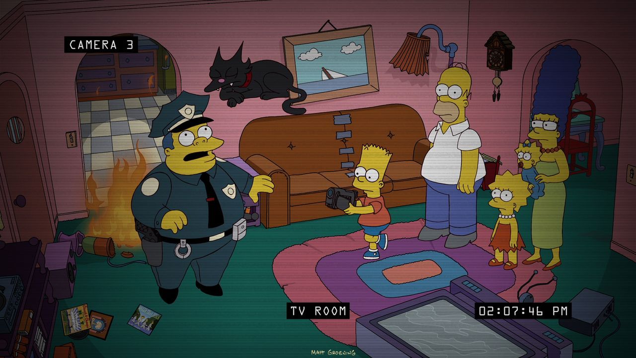 Bei Bart (2.v.l.), Homer (3.v.l.), Lisa (3.v.r.), Maggie (2.v.r.) und Marge (r.) Simpson gehen nachts merkwürdige Dinge vor sich. Ein unsichtbarer D... - Bildquelle: 2012-2013 Fox and its related entities. All rights reserved