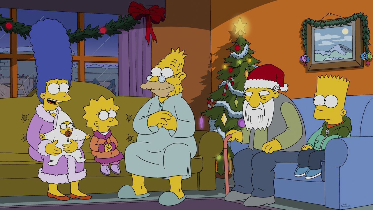 Bevor sie ein Weihnachtsfest alleine verbringen, fahren Marge (l.), Maggie (2.v.l.), Lisa (3.v.l.) und Bart (r.) zu Abe (3.v.r.) und Jasper (2.v.r.)... - Bildquelle: 2014 Twentieth Century Fox Film Corporation. All rights reserved.