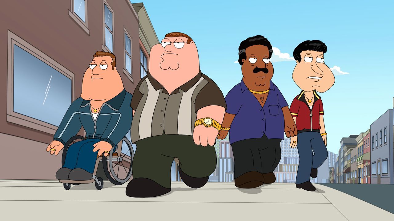 (v.l.n.r.) Joe Swanson; Peter Griffin; Cleveland Brown; Glenn Quagmire - Bildquelle: 2021-2022 Fox Broadcasting Company, LLC. All rights reserved
