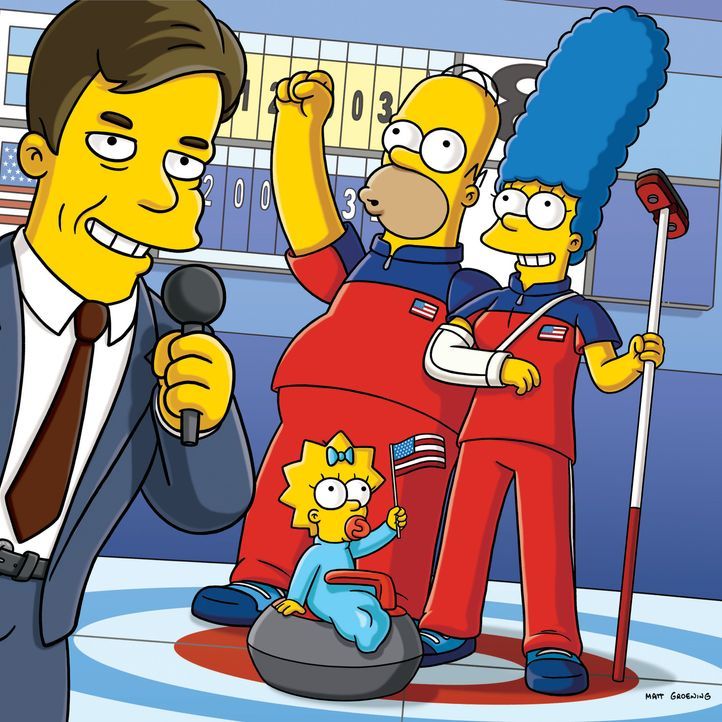 Olympische Winterspiele 2010 in Vancouver: Bob Costas (l.), Homer (hinten M.), Marge (r.) und Maggie (vorne M.) ... - Bildquelle: und TM Twentieth Century Fox Film Corporation - Alle Rechte vorbehalten