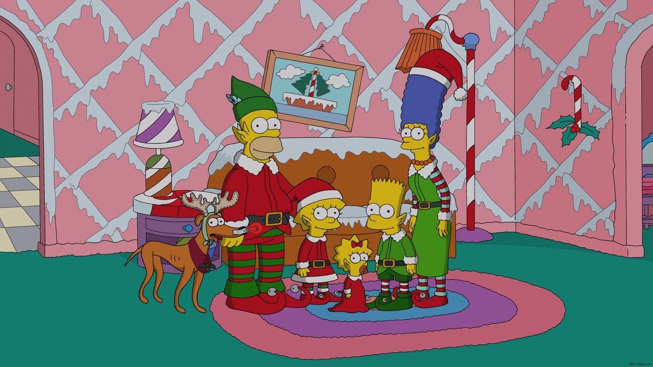 Die Simpsons, von Kopf bis Fuß auf Weihnachten eingestellt: Hund Knecht Ruprecht (l.), Homer (2.v.l.), Lisa (3.v.l.), Maggie (3.v.r.), Bart (2.v.r.)... - Bildquelle: 2013 Twentieth Century Fox Film Corporation. All rights reserved.